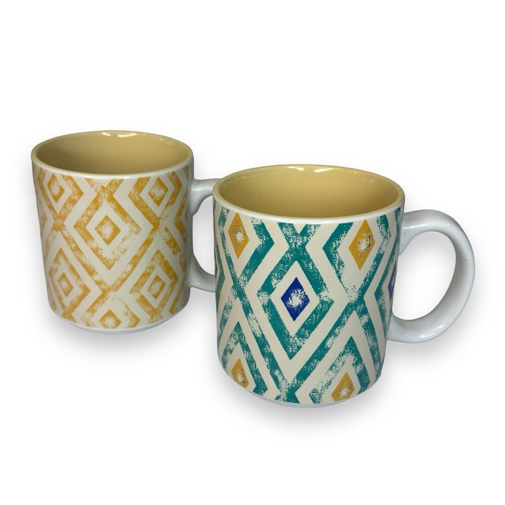 Formation Brands Diamon Print Coffee Mug Set of 2 Yellow Teal Blue 16 oz